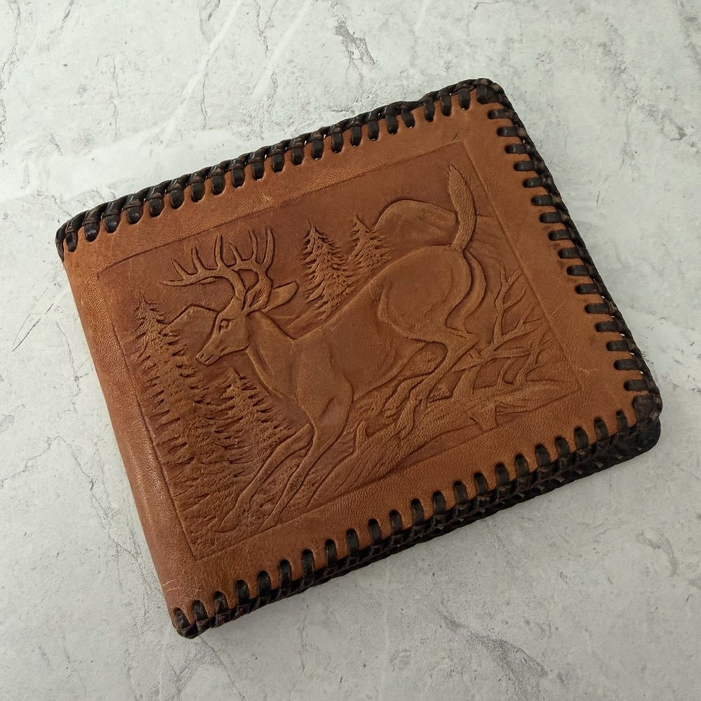 New Handmade Brown Leather Wallet with Deer Design